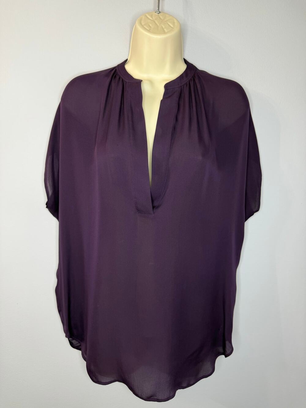 Vince Silk-Blend Deep V-Neck Top Short Sleeve Purple Women's S